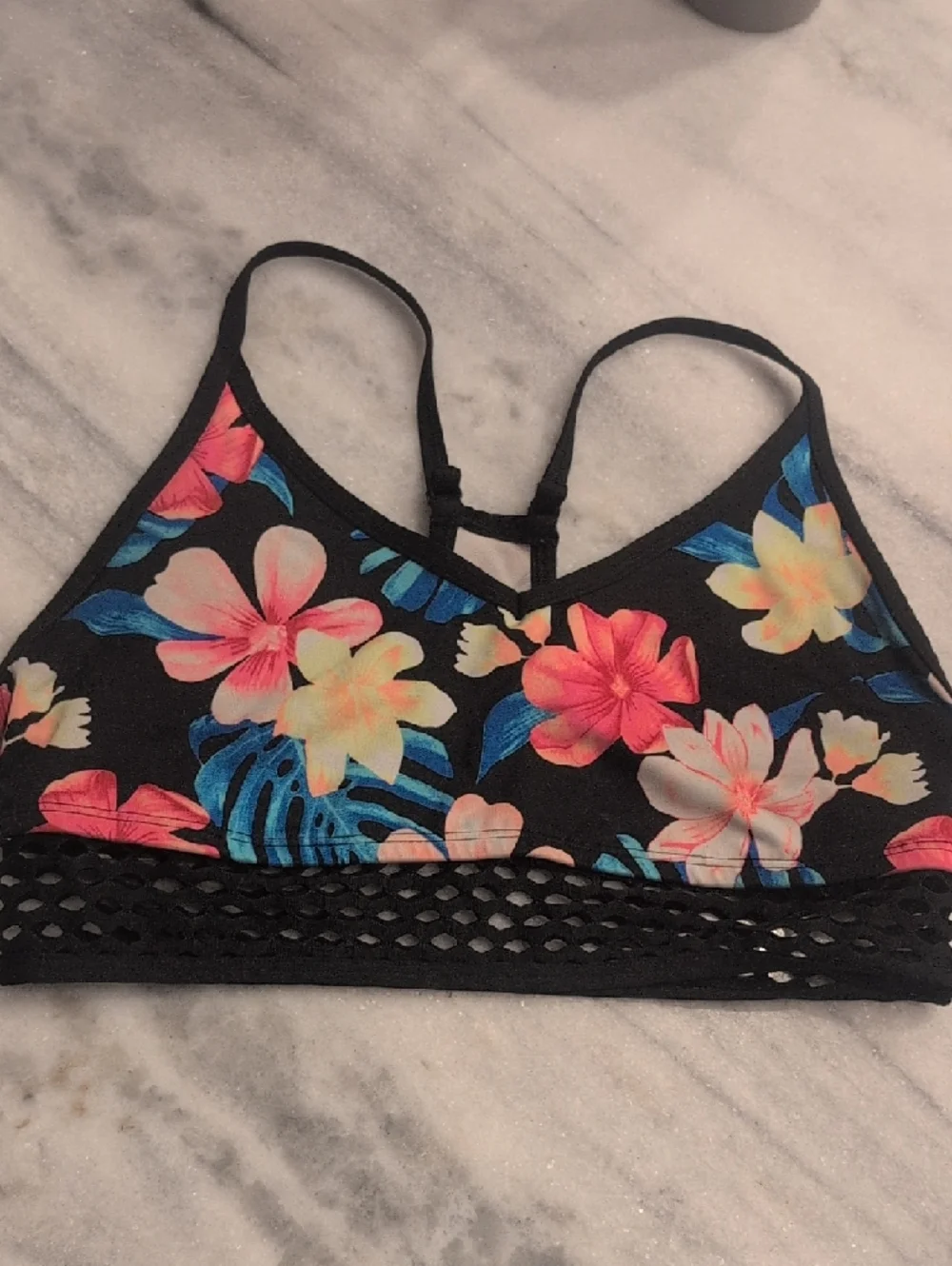 PINK Victoria's Secret Black Floral Sports Bralette with Pink & Blue Hibiscus 2